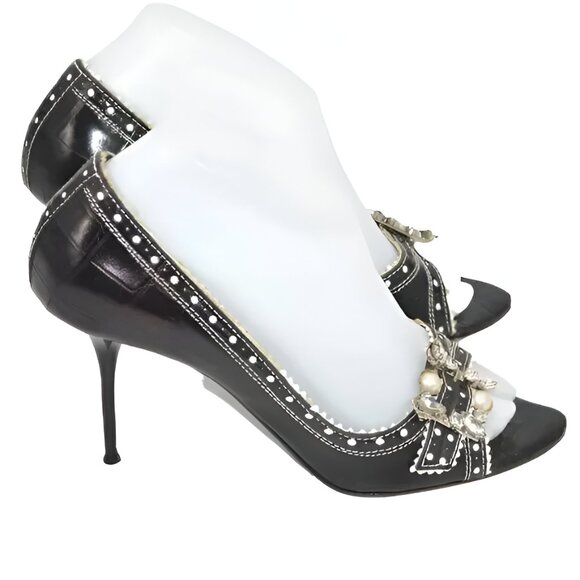 Le Silla Luxury Designer Black Leather Open Toe Crystal & Pearl Heels 38.5 8.5 - Picture 3 of 12